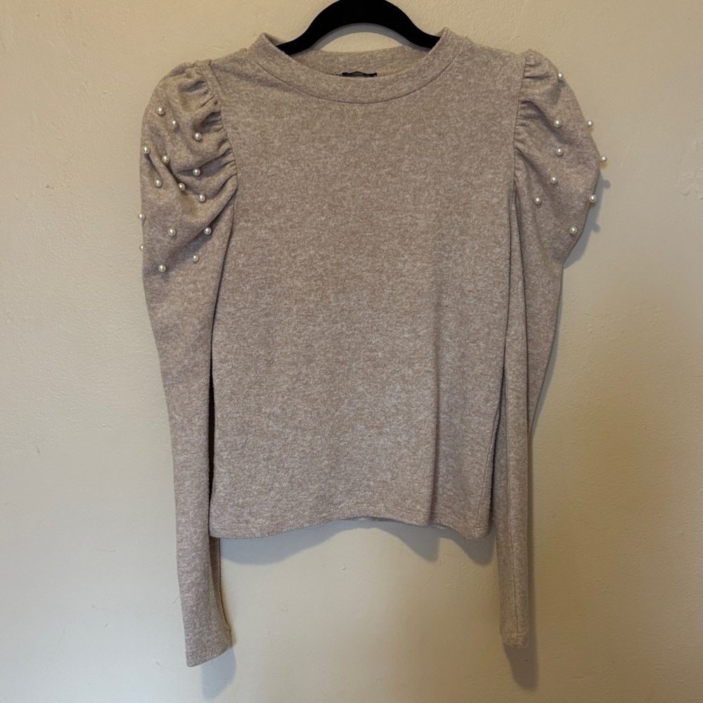 Zara Beige Puff Sleeve Sweatshirt with Pearl Accents